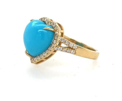 18K Yellow Gold Turquoise Heart Cabochon Diamond Halo Ring