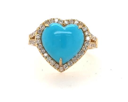 18K Yellow Gold Turquoise Heart Cabochon Diamond Halo Ring