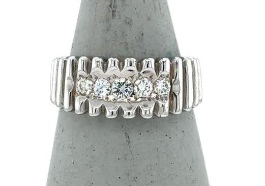 14K White Gold Diamond Wedding Band - Ribbed Gents Ring Size 10