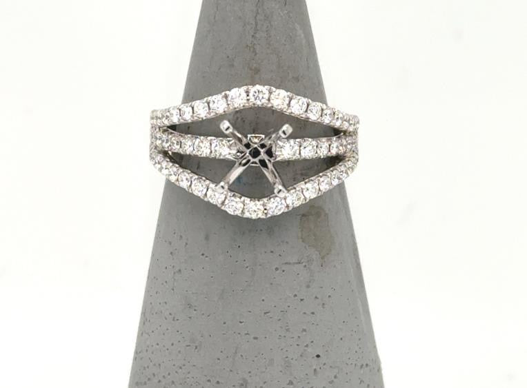 18K white gold semi-mount ring with split triple diamond pavé shank setting.