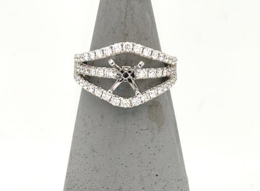 18K white gold semi-mount ring with split triple diamond pavé shank setting.