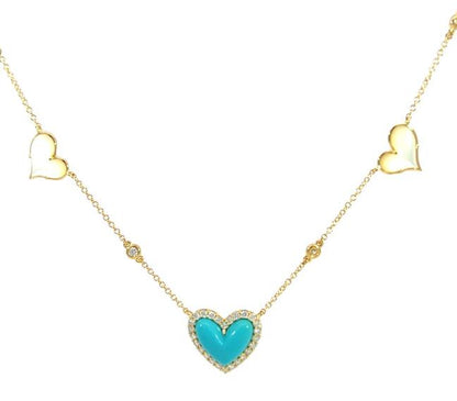 18K Yellow Gold Turquoise Moonstone Diamond Heart Pendant Necklace