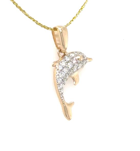 14K Yellow Gold Petite Pave Diamond Dolphin Pendant