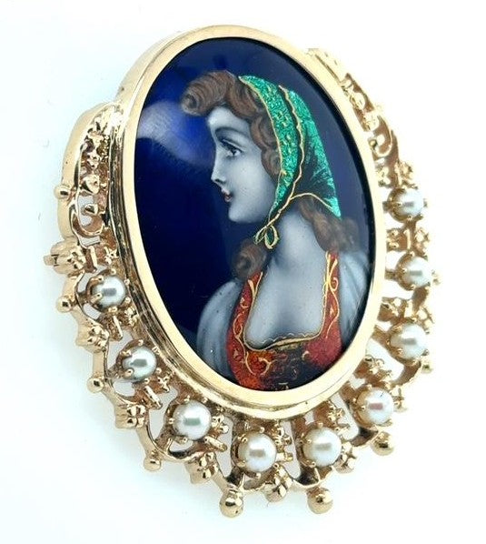 14K Yellow Gold French Hand Painted Cameo Brooch, Victorian Era