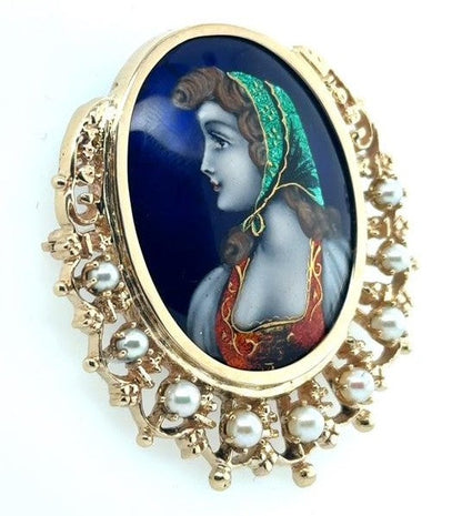14K Yellow Gold French Hand Painted Cameo Brooch, Victorian Era