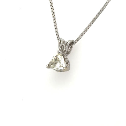 Trillion-cut diamond solitaire in 14K white gold, three-prong basket with rabbit-ear bail.