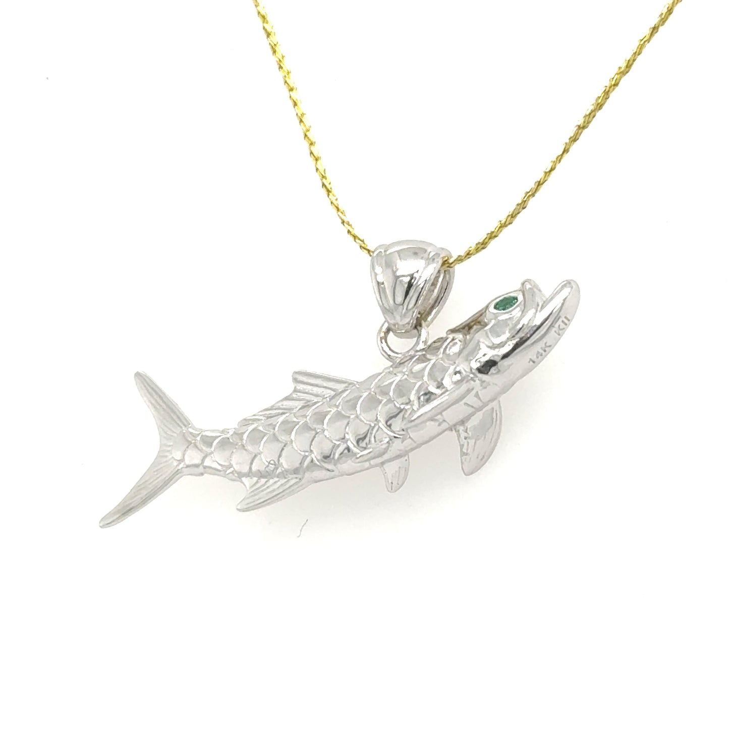 14K white gold tarpon pendant with textured scales, emerald eye, and plain bail.