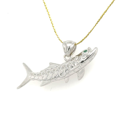 14K white gold tarpon pendant with textured scales, emerald eye, and plain bail.
