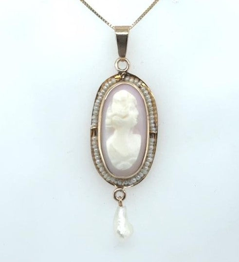 10K Yellow Gold Petite Carved Shell Cameo Seed Pearl Pendant