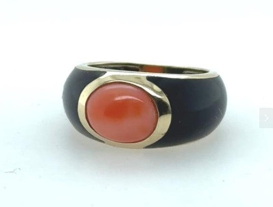 14K Yellow Gold Coral and Black Onyx Ring for Women