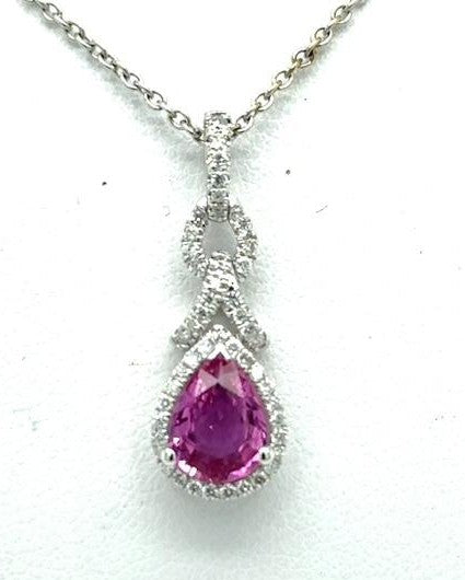 18K White Gold Pink Sapphire & Diamond Halo Pendant