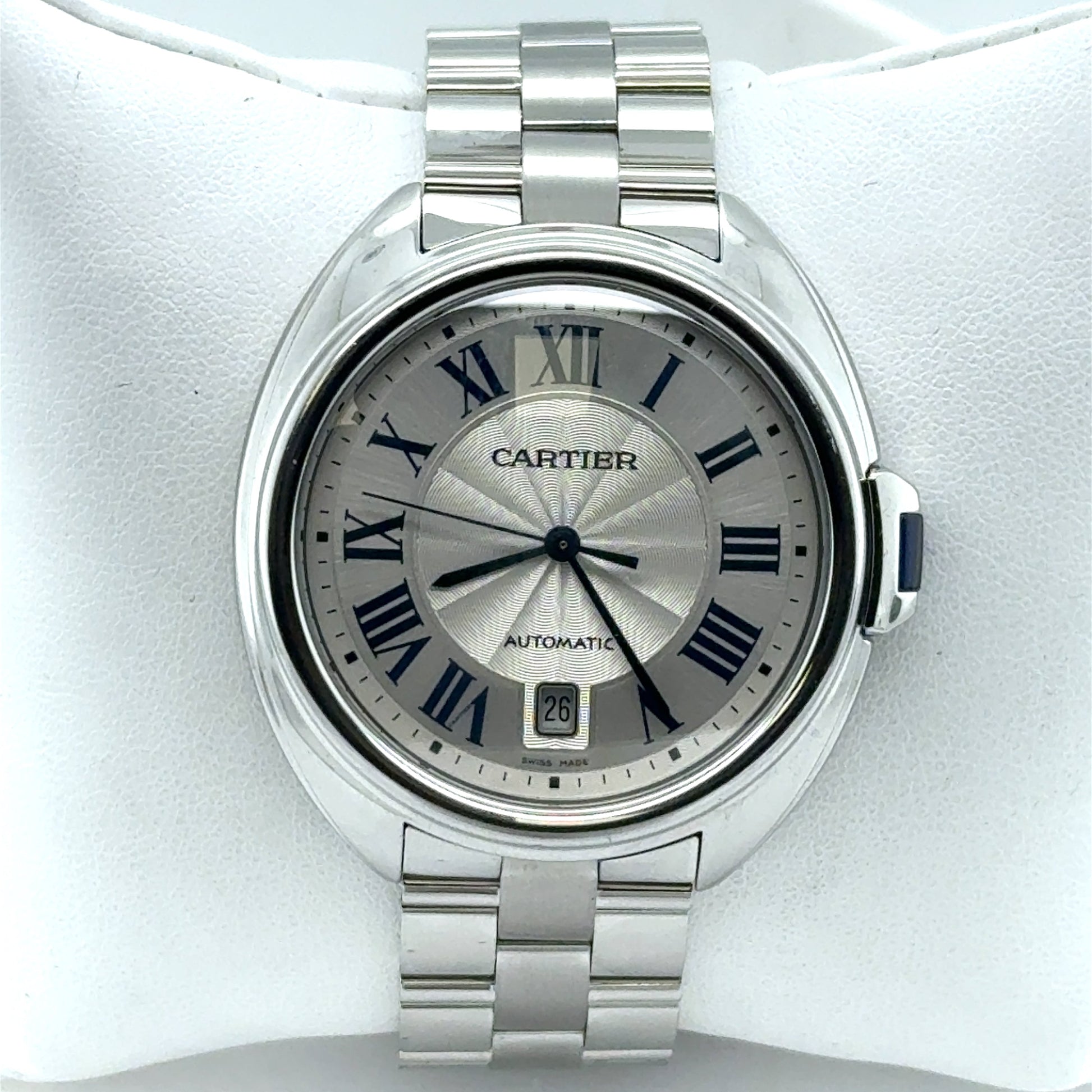Stainless steel Cartier Cle de Cartier 40mm watch with silver sunray dial, blue Roman numerals, date at 6