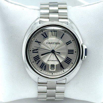Stainless steel Cartier Cle de Cartier 40mm watch with silver sunray dial, blue Roman numerals, date at 6