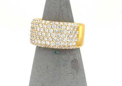 Wide 14K yellow gold band with seven rows of pave-set round diamonds.