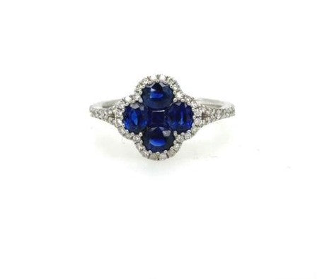 14K White Gold Sapphire & Diamond Clover Ring for Women
