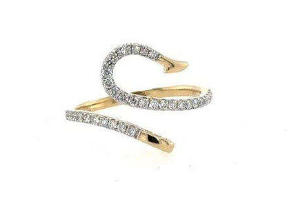 14K yellow gold wrap ring with pavé diamonds forming a fish hook motif.