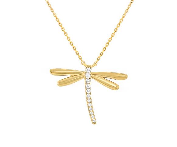 14K Yellow Gold Diamond Dragonfly Pendant with 18" Chain