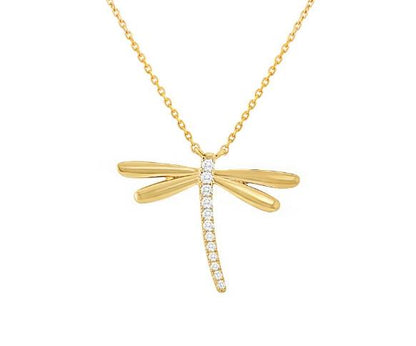 14K Yellow Gold Diamond Dragonfly Pendant with 18" Chain