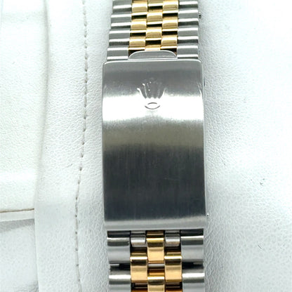 Two-tone stainless steel and yellow gold Jubilee bracelet with brushed Rolex clasp.