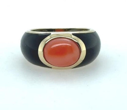 14K Yellow Gold Coral and Black Onyx Ring for Women
