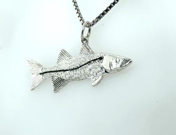 Sterling Silver Snook Pendant with Black Enamel Detail