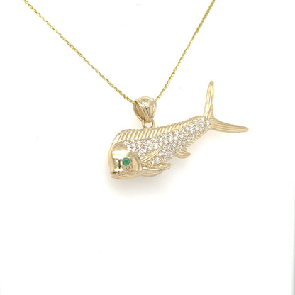 14K yellow gold mahi fish pendant with pavé diamonds and green emerald eye.