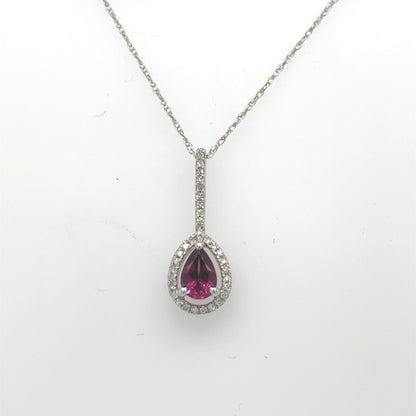 14K white gold necklace with pear-shaped rhodolite garnet and diamond halo.