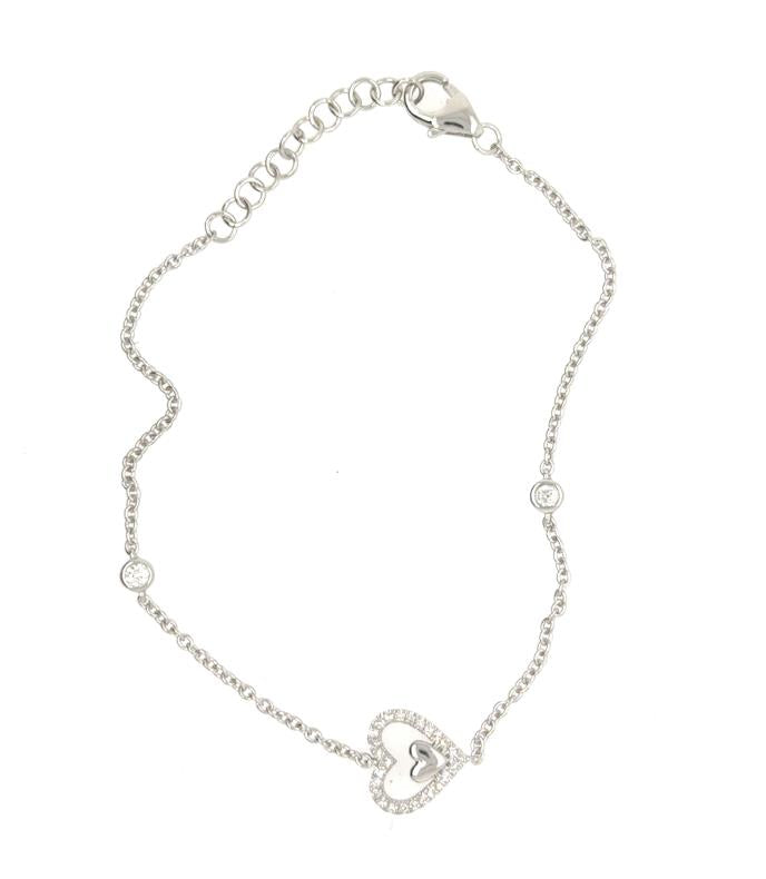 14K white gold bracelet with diamond pavé heart, two bezel stations, lobster clasp.