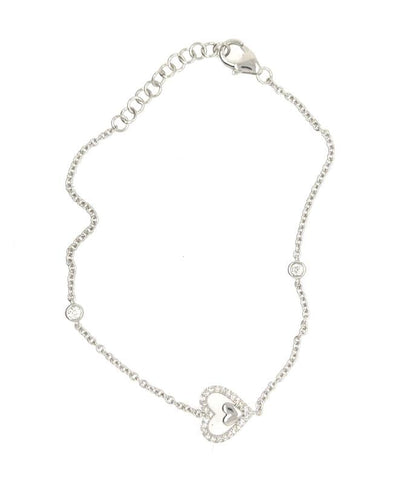 14K white gold bracelet with diamond pavé heart, two bezel stations, lobster clasp.