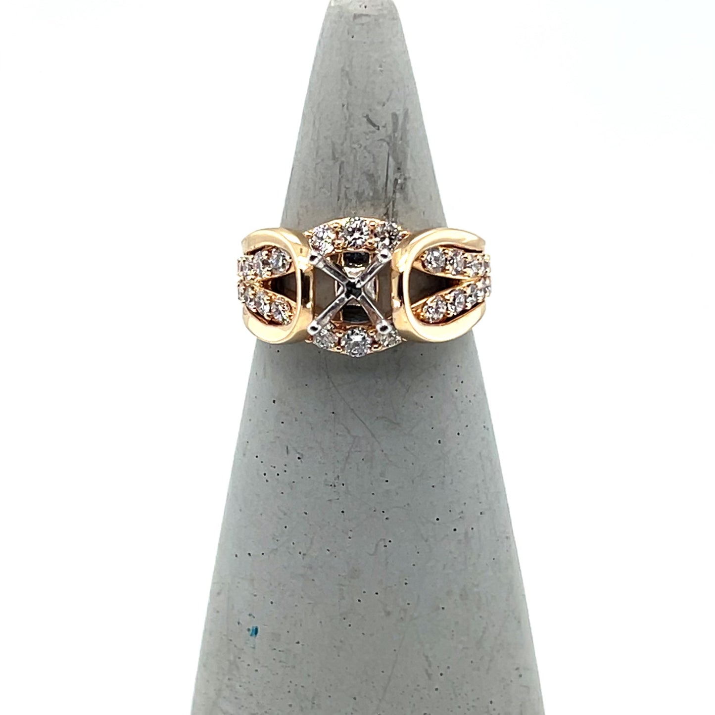 14K yellow gold semi-mount ring with diamond arch sides and prong head.