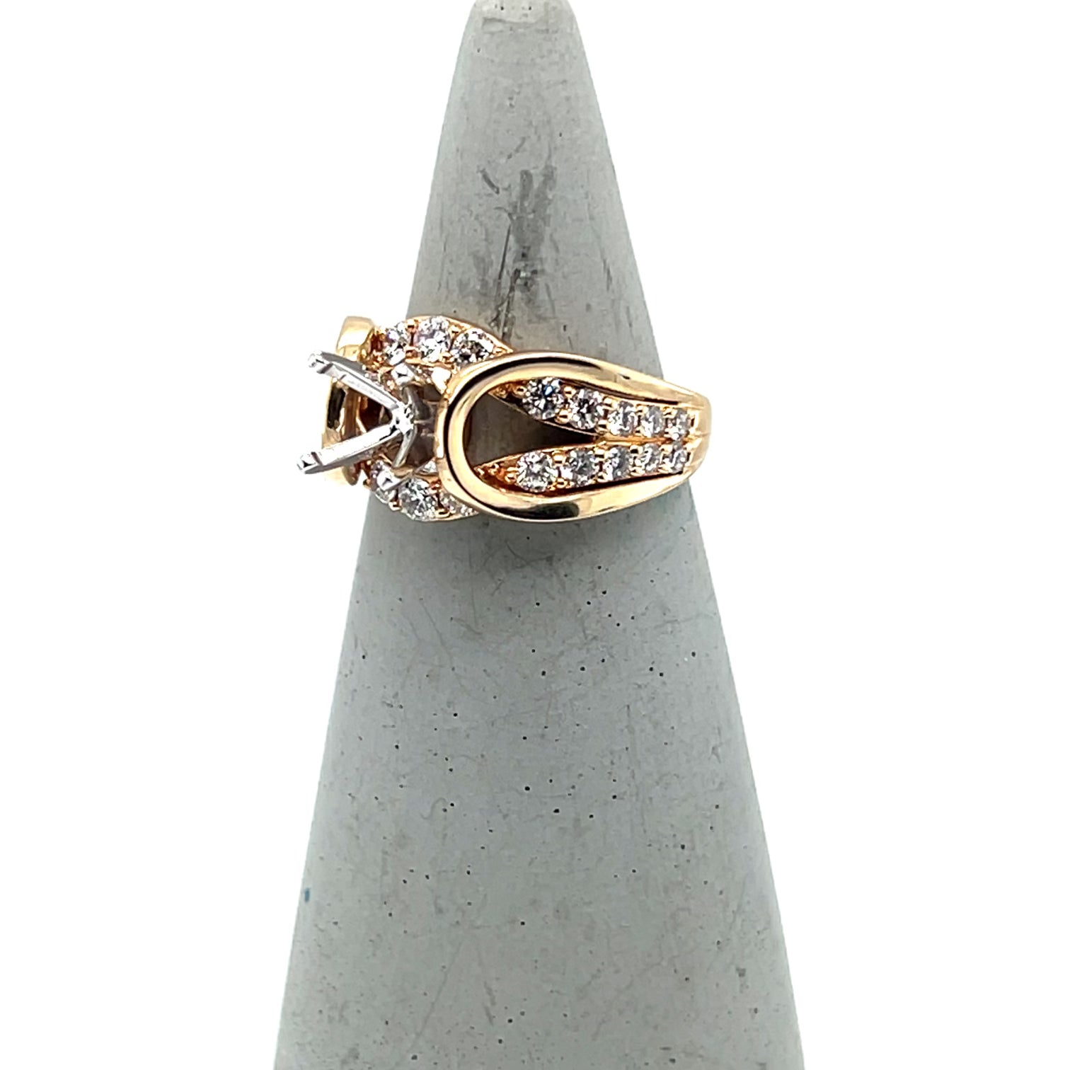 14K yellow gold semi-mount ring with diamond-accented arching split shoulders.