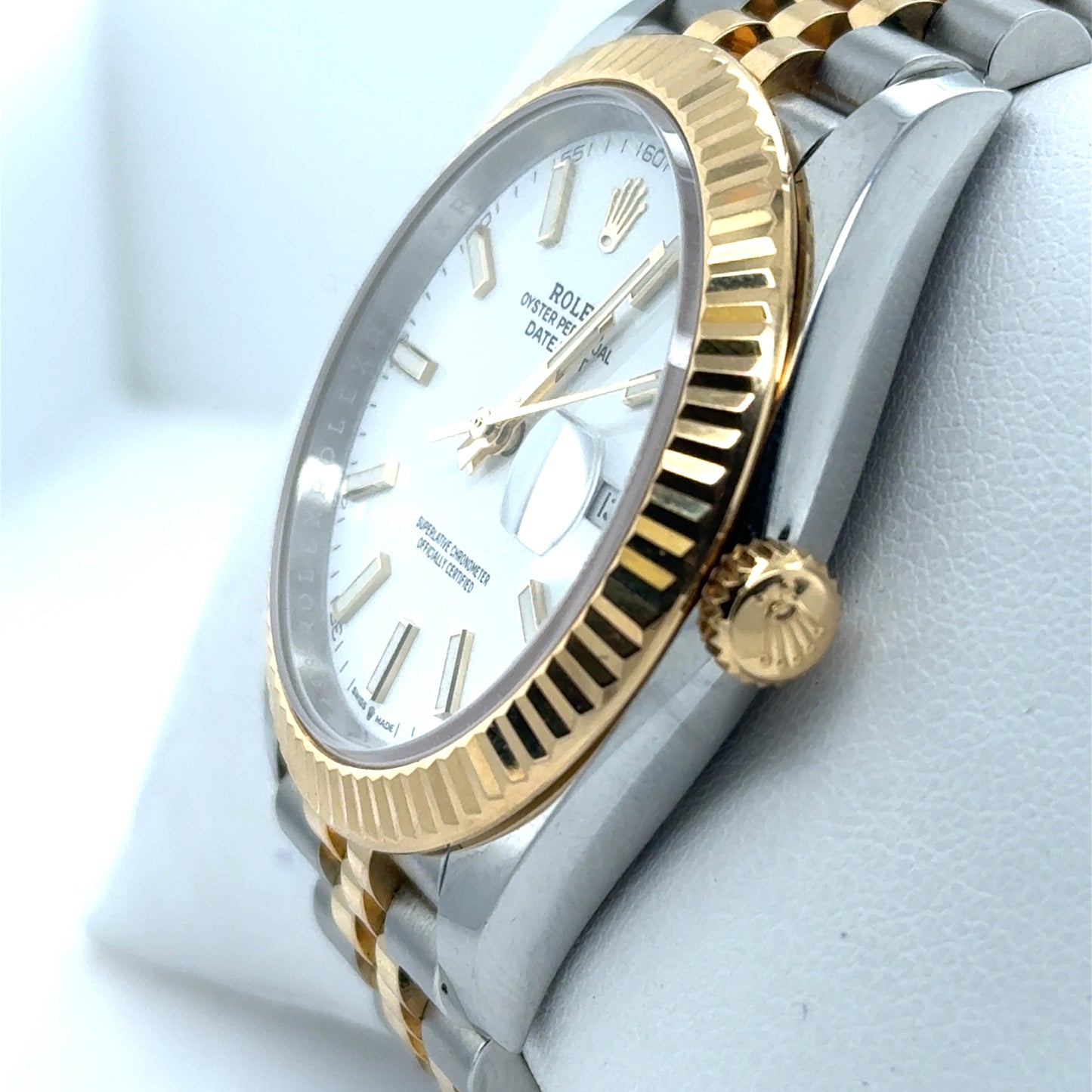 Two-tone stainless steel and yellow gold Datejust with white dial and Jubilee bracelet.
