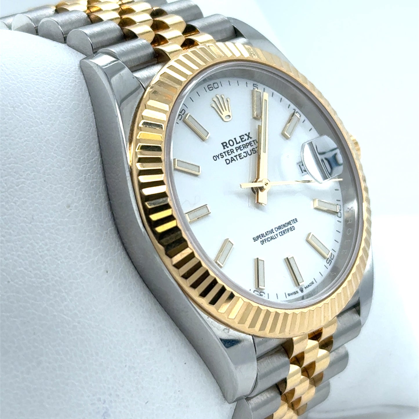 Two-tone stainless steel and yellow gold Datejust with white dial, fluted bezel, jubilee bracelet, and cyclops date.