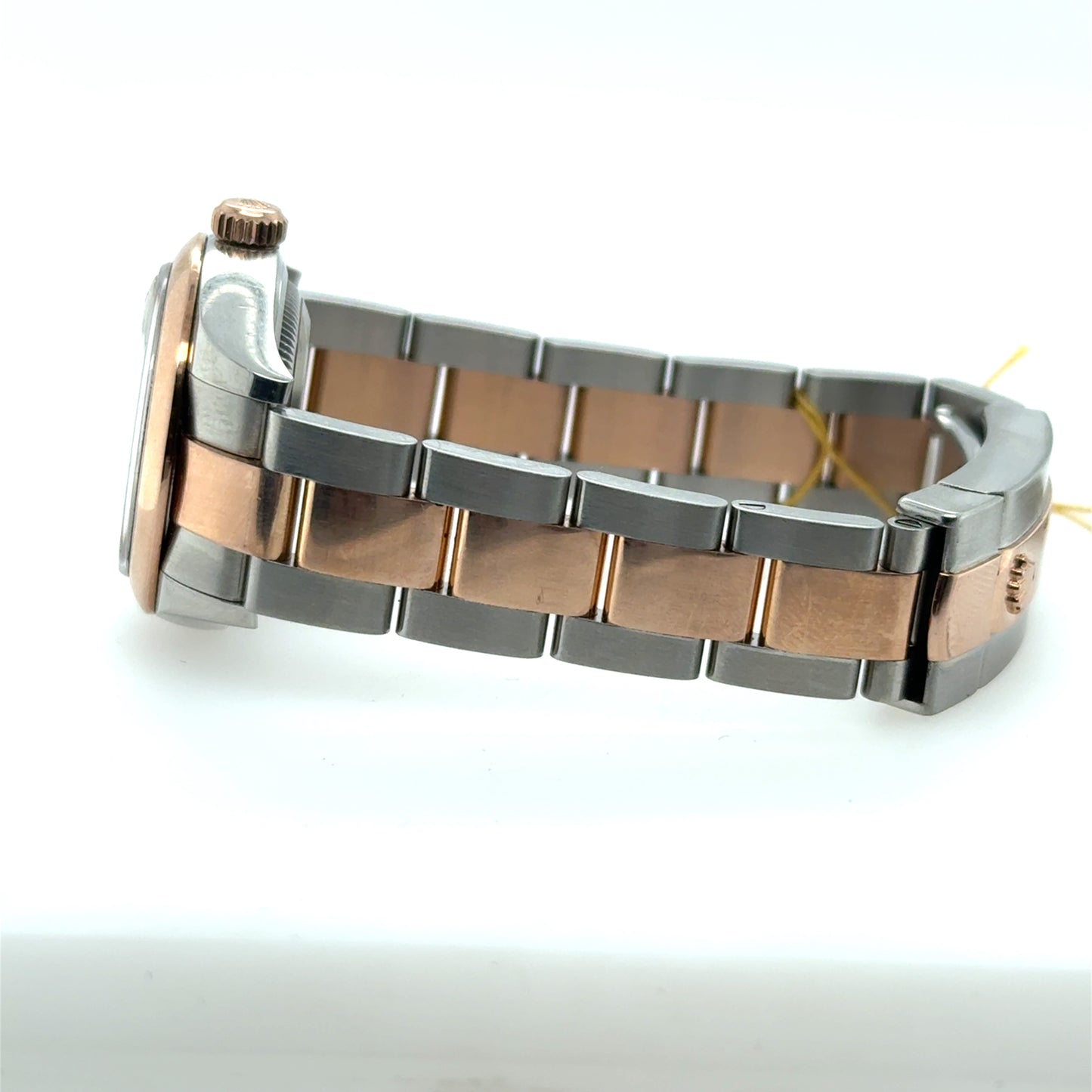Two‑tone stainless steel and rose gold Oyster bracelet with folding clasp.