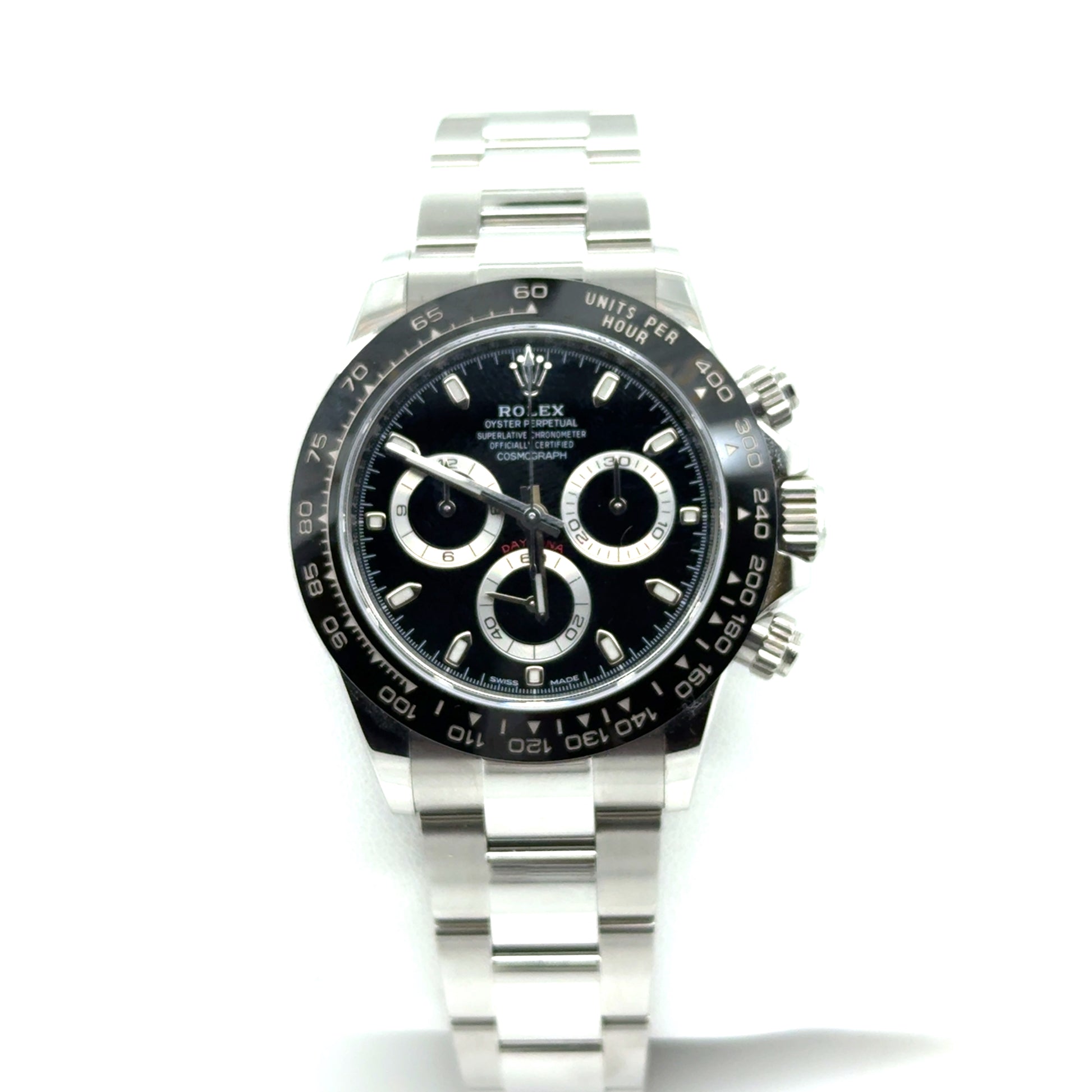 Stainless steel chronograph watch with black dial, ceramic tachymeter bezel, Oyster bracelet.