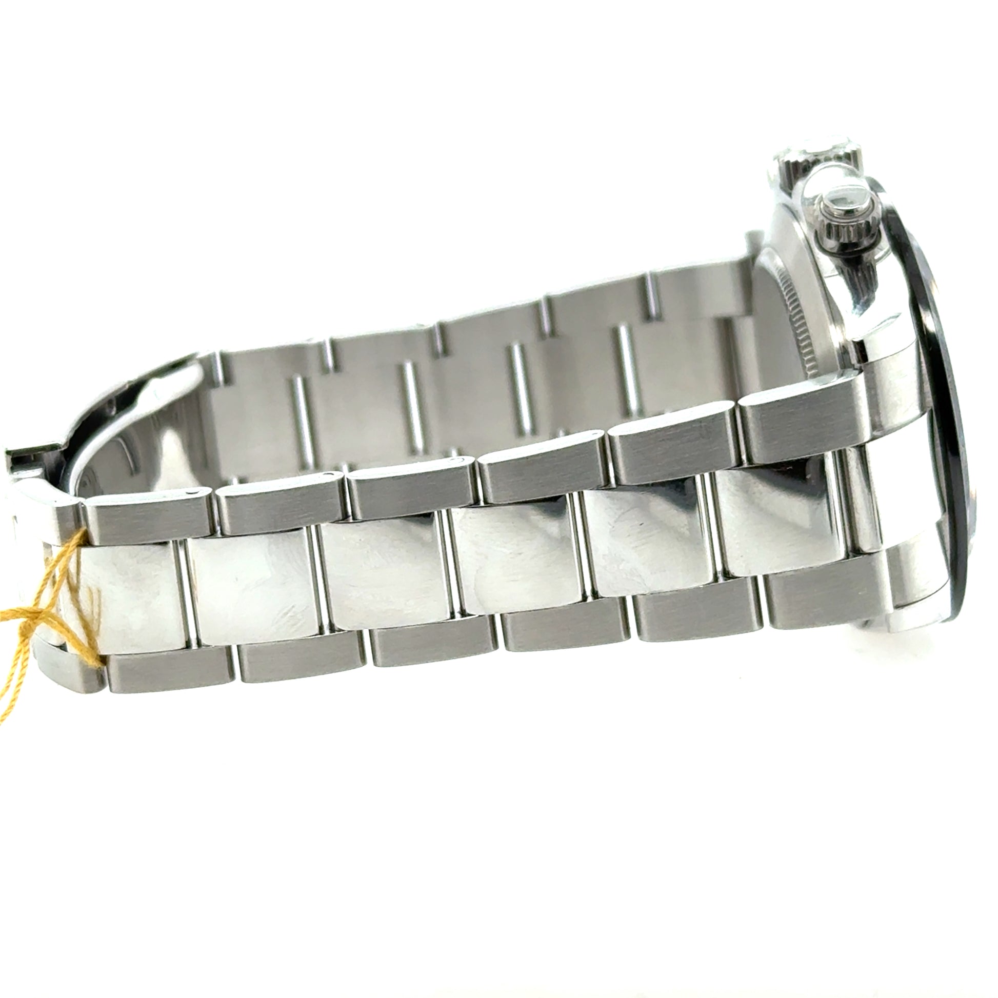Stainless steel Oyster-style bracelet with polished center links and side view case.