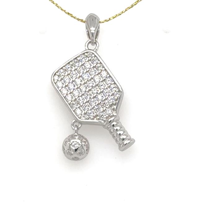 Sterling silver pickleball paddle pendant with pavé cubic zirconia and dangling ball charm.