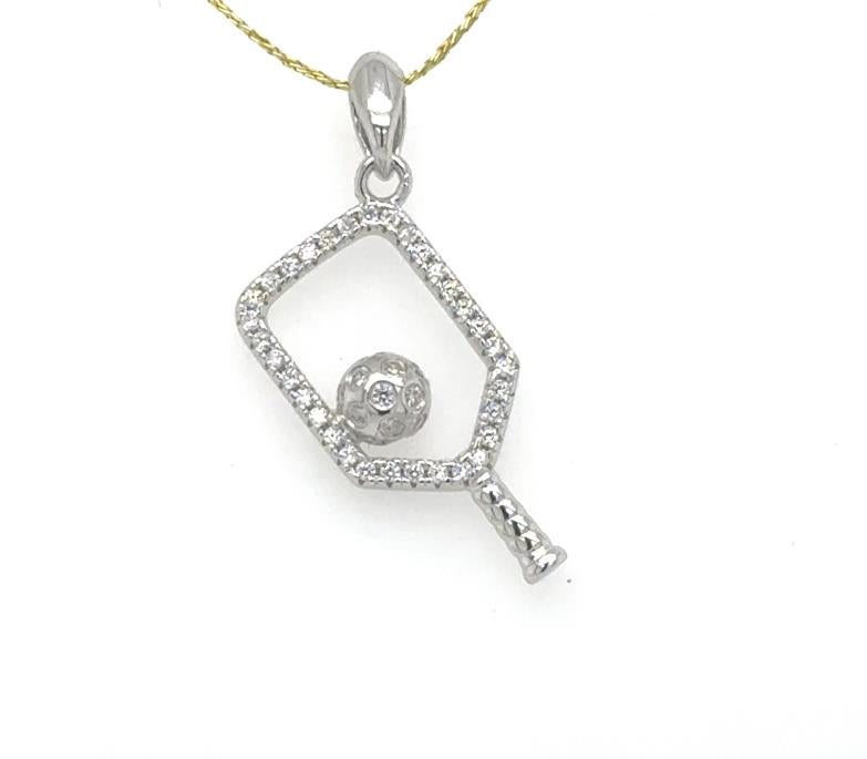 Sterling silver pickleball paddle pendant with cubic zirconia outline and ball motif.