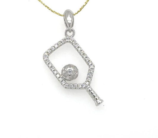 Sterling silver pickleball paddle pendant with cubic zirconia outline and ball motif.