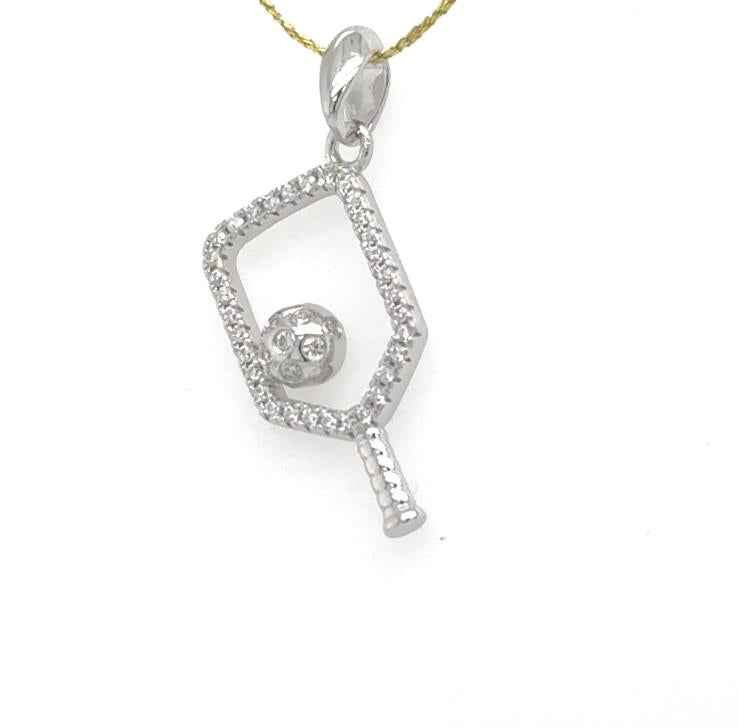 Sterling silver pickleball paddle pendant with pavé cubic zirconia and plain bail.
