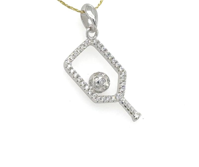 Sterling silver pickleball paddle pendant with cubic zirconia border and ball motif.