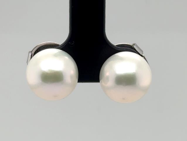 Sterling silver stud earrings with round white freshwater Ming pearls and butterfly backs.