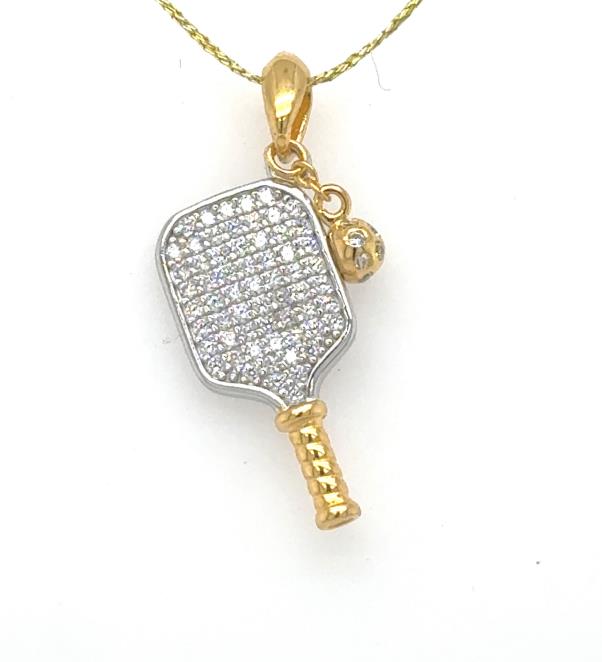 Silver pickleball paddle pendant with pave cubic zirconia, gold vermeil handle and bail.