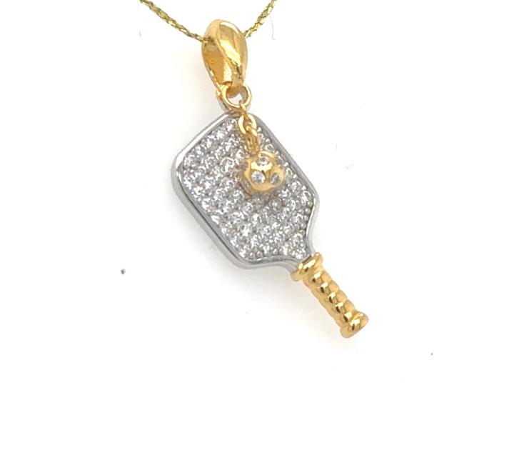Two-tone pickleball paddle pendant with pavé cubic zirconia and gold-plated handle.