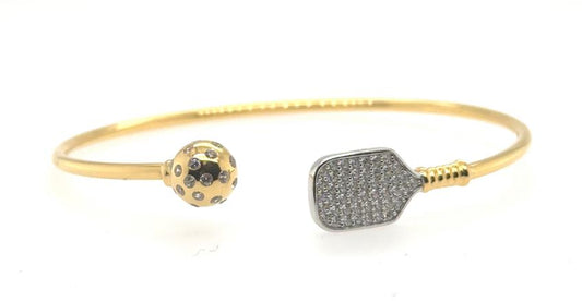 Gold vermeil open cuff bracelet with CZ pickleball and pavé paddle ends.